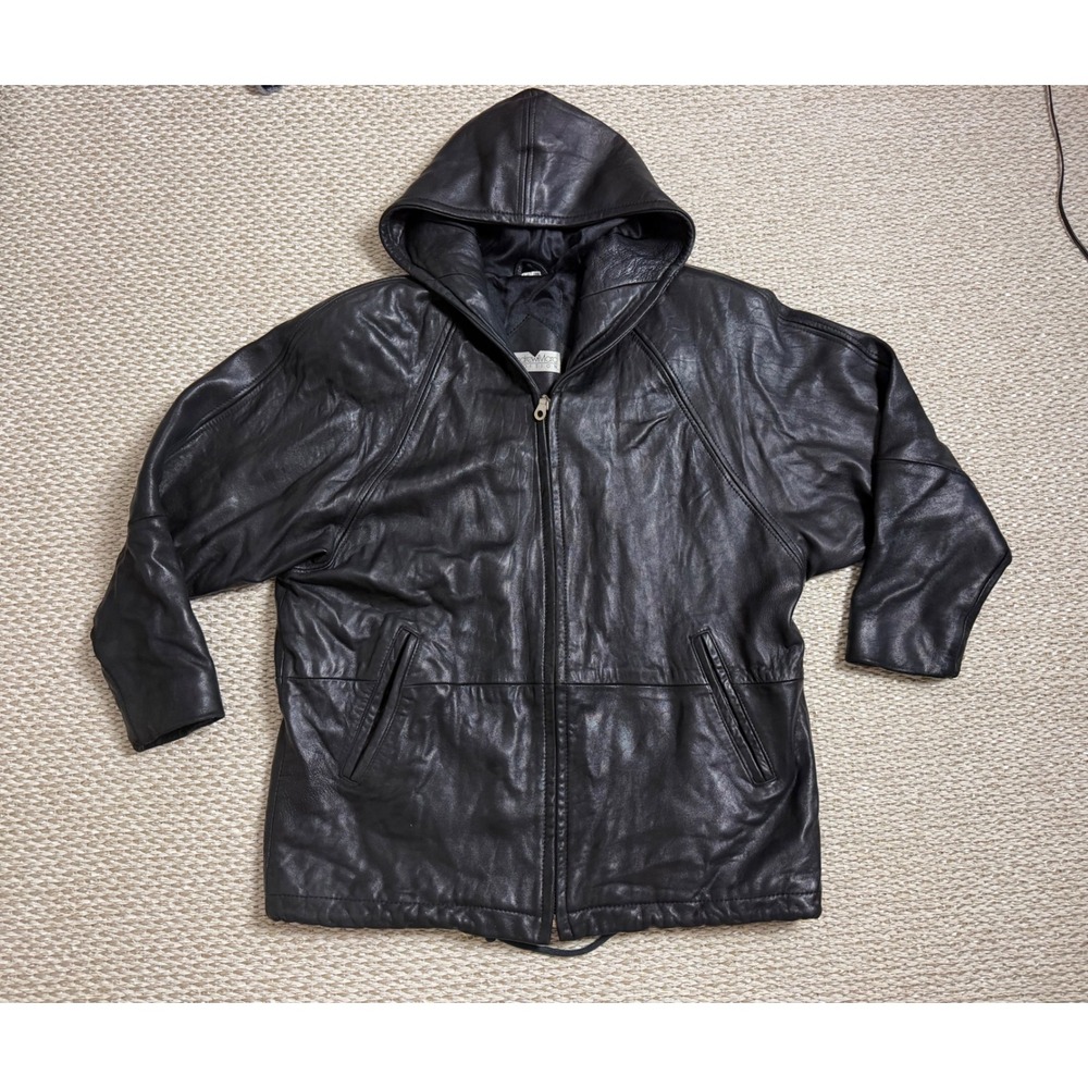 Andrew Marc EBlack Leather Hooded Jacket oversized Vintage Slouchy L grunge punk